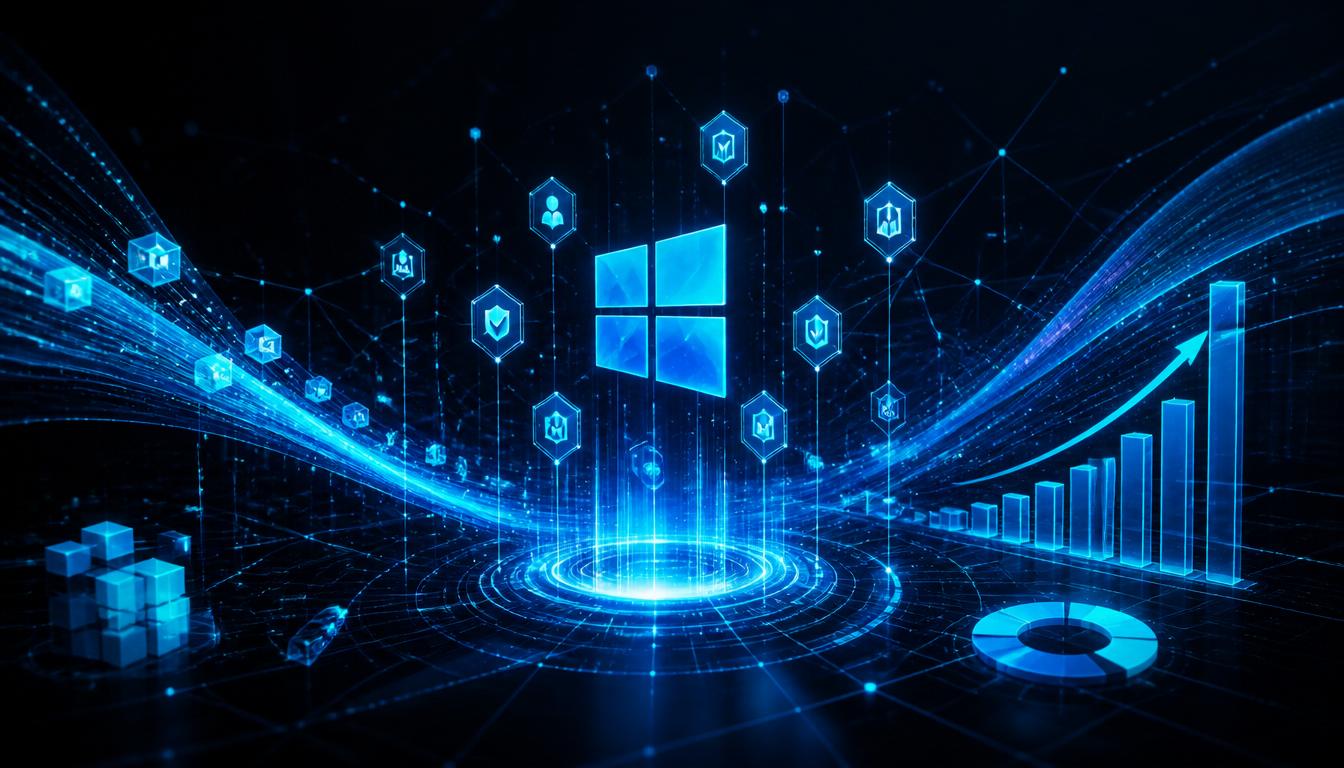 Abstract visualization of Microsoft license optimization with glowing data streams and charts